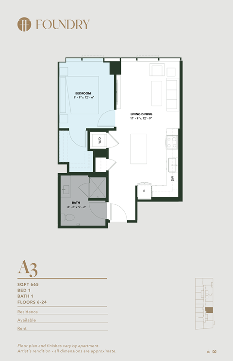 Floor plan for 1 bed, 1 bath, 665 sqft